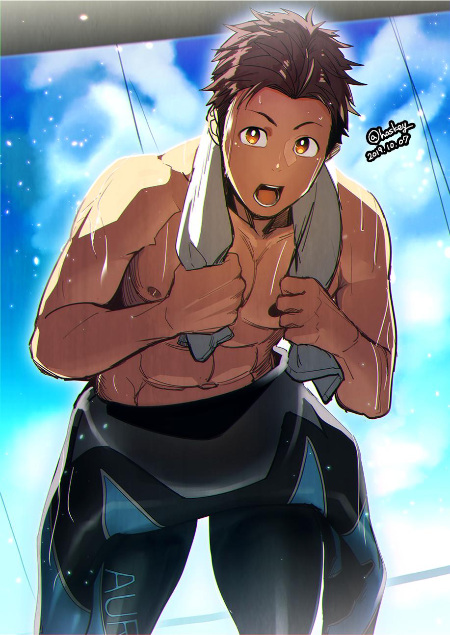 1boy abs blue_sky brown_eyes brown_hair clouds highres holding holding_towel leaning_forward looking_at_viewer male_focus male_swimwear navel nipples open_mouth original outdoors short_hair sky solo sweat thick_thighs thighs toned toned_male towel towel_around_neck watari_yuu_(haskey)
