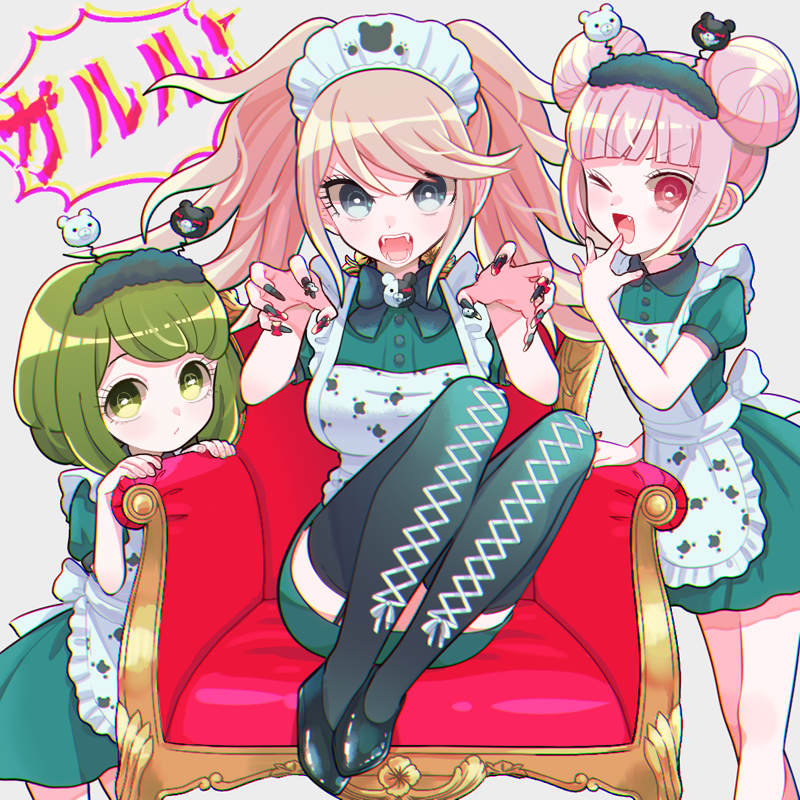 3girls :d alternate_costume alternate_hair_length alternate_hairstyle animal_print apron bangs black_nails blonde_hair breasts cat_print child commentary_request dangan_ronpa:_trigger_happy_havoc dangan_ronpa_(series) dangan_ronpa_another_episode:_ultra_despair_girls double_bun dress enoshima_junko eyebrows_visible_through_hair fang fangs fingernails green_dress green_eyes green_footwear green_hair green_legwear grey_background hair_ornament hand_up hands_up keroro7 knees_up large_breasts long_fingernails long_hair looking_at_viewer maid maid_apron maid_headdress monokuma multiple_girls nail_polish one_eye_closed open_mouth pink_hair red_eyes red_nails shiny shiny_hair short_hair simple_background smile thigh-highs towa_monaka translation_request utsugi_kotoko v-shaped_eyebrows white_apron