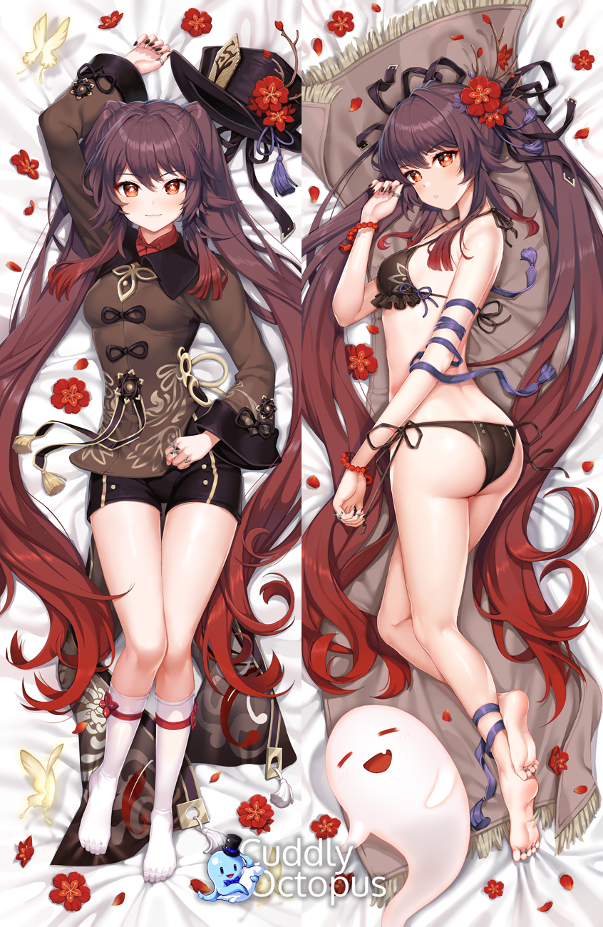 1girl ass bare_arms bare_shoulders barefoot bead_bracelet beads bed_sheet bikini black_bikini black_headwear black_shorts bracelet breasts brown_hair brown_shirt bug butterfly collared_shirt commentary dakimakura_(medium) flower frilled_bikini frills full_body genshin_impact ghost hair_flower hair_ornament halterneck hand_up hat hat_flower highres hu_tao_(genshin_impact) insect jewelry long_hair long_sleeves looking_at_viewer lying multiple_rings nail_polish no_shoes on_back on_side parted_lips red_eyes red_flower ring satchely shirt short_shorts shorts side-tie_bikini small_breasts smile socks solo star-shaped_pupils star_(symbol) string_bikini swimsuit symbol-shaped_pupils tassel thighs top_hat twintails very_long_hair waist_cape white_legwear