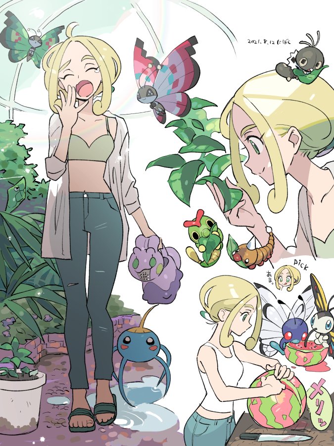1girl ahoge alternate_costume beautifly blonde_hair blush_stickers butterfree caterpie chibi chibi_inset closed_eyes closed_mouth collarbone commentary_request dated eyelashes gen_1_pokemon gen_3_pokemon gen_6_pokemon green_eyes green_footwear gym_leader hand_up holding holding_leaf leaf medium_hair metapod multiple_views nibo_(att_130) open_mouth pants plant pokemon pokemon_(creature) pokemon_(game) pokemon_xy potted_plant sandals sliggoo smile spewpa standing surskit tearing_up themed_object toes tongue viola_(pokemon) vivillon vivillon_(garden) vivillon_(meadow) watering_can weedle yawning