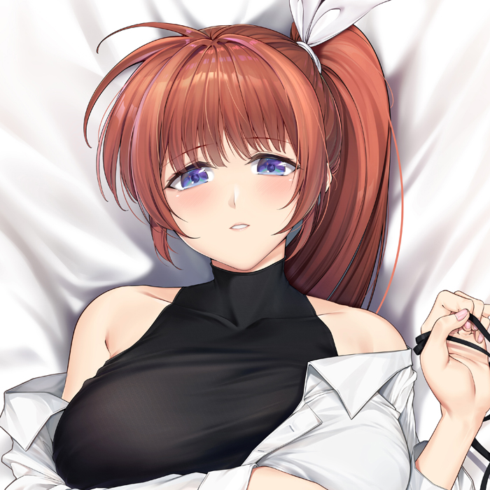 1girl ahoge black_neckwear black_ribbon black_shirt blue_eyes blush breast_hold breasts brown_hair chinese_commentary collarbone collared_shirt cropped dakimakura_(medium) dress_shirt eyebrows_visible_through_hair from_above hair_ribbon holding_neckwear large_breasts long_hair looking_at_viewer lying lyrical_nanoha mahou_shoujo_lyrical_nanoha maskwolf neck_ribbon neckwear_removed off_shoulder on_back parted_lips partially_unbuttoned ponytail ribbon sample shirt sleeveless sleeveless_shirt solo takamachi_nanoha taut_clothes taut_shirt undershirt upper_body white_ribbon white_shirt wing_collar