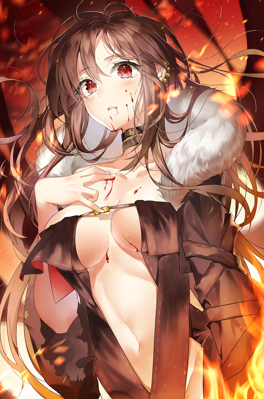 1girl bad_id bad_pixiv_id bangs black_hair blood blood_on_face breasts coat dress earrings fate/grand_order fate_(series) fire h_shai highres jewelry large_breasts long_hair looking_at_viewer necktie red_eyes solo stomach vampire yu_mei-ren_(fate)