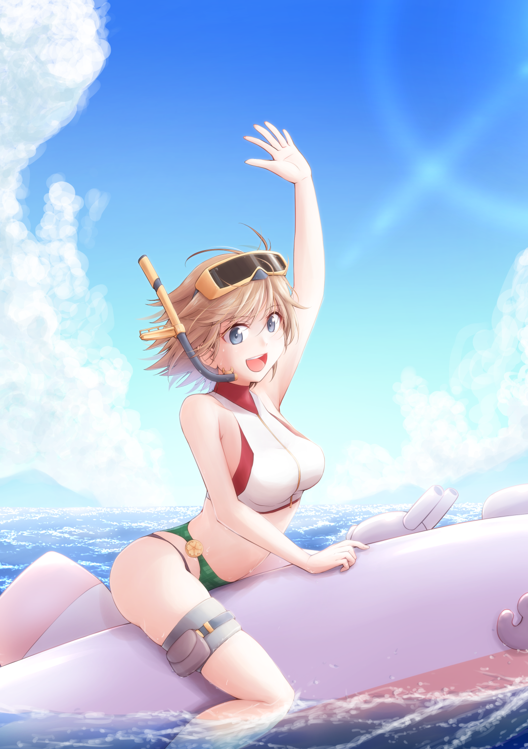 1girl bag beach bikini blue_eyes breasts brown_hair cannon collarbone day eyebrows_visible_through_hair flipped_hair goggles goggles_on_head green_bikini hair_between_eyes hairband headgear hiei_(kancolle) highres inflatable_toy kantai_collection looking_at_viewer medium_breasts meihemu open_mouth outdoors ship short_hair smile solo swimsuit turret turtleneck watercraft white_bikini wristband