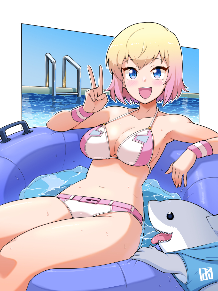 1girl alternate_costume bikini blonde_hair blue_eyes blush border bowieknife eyebrows_visible_through_hair floating gwen_poole gwenpool highres looking_at_viewer lying marvel multicolored multicolored_bikini multicolored_clothes multicolored_hair on_back open_mouth pool shark solo swimsuit v white_border