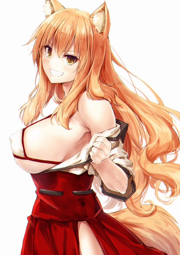 1girl animal_ears bikini bikini_top breasts covered_nipples fate/extra fate/extra_ccc fate/extra_ccc_fox_tail fate_(series) fox_ears fox_tail grin large_breasts long_hair orange_hair red_skirt side_slit sideboob skirt smile suien suzuka_gozen_(fate) swimsuit tail undressing