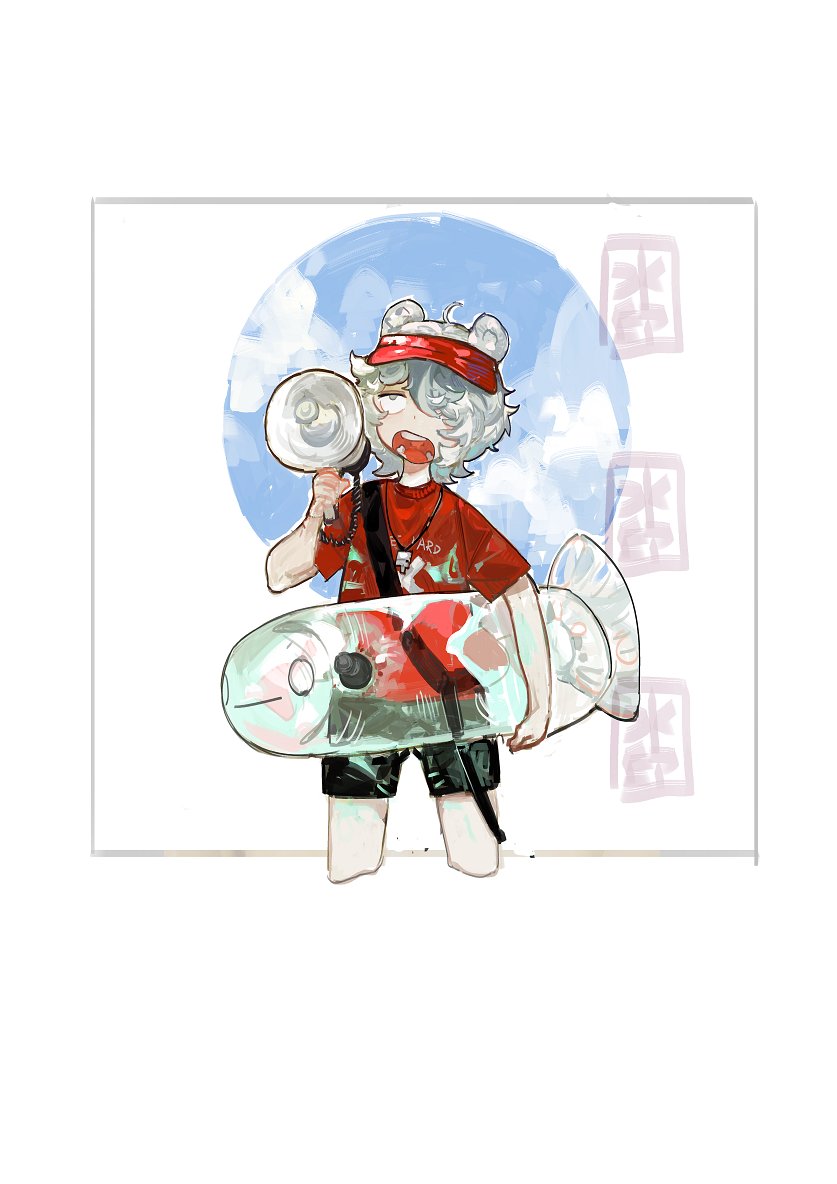 1boy animal_ears arknights bear_ears black_shorts blue_sky chinese_commentary circle clouds commentary_request cowboy_shot cropped_legs grey_hair hair_over_one_eye hand_up holding holding_megaphone inflatable_fish inflatable_toy jaye_(arknights) jaye_(beach_guard)_(arknights) jewelry male_focus megaphone necklace official_alternate_costume one_eye_covered open_mouth pipidan red_headwear red_shirt shirt short_hair short_sleeves shorts simple_background sky solo t-shirt teeth visor_cap white_background