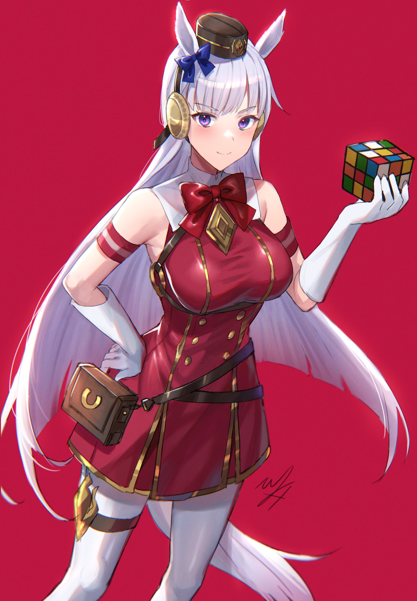 1girl animal_ears bangs blunt_bangs breasts cowboy_shot dress ear_bow gloves gold_ship_(umamusume) grey_hair highres hitomin_(ksws7544) holding horse_ears horse_girl horse_tail long_hair medium_breasts pantyhose pillbox_hat red_background red_dress red_headwear rubik's_cube simple_background solo tail umamusume violet_eyes white_gloves white_legwear
