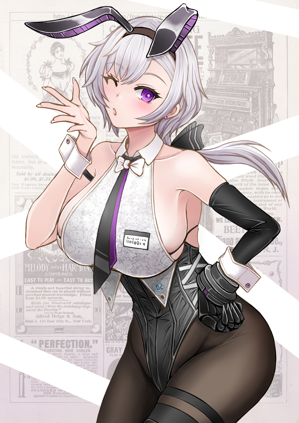 1girl ;o animal_ears armpits azur_lane bangs bare_shoulders black_bra black_hairband black_legwear black_neckwear black_ribbon blowing_kiss blush bow bowtie bra breasts collarbone collared_shirt commentary covered_navel cowboy_shot crop_top earrings elbow_gloves eyebrows_visible_through_hair fake_animal_ears gloves grey_hair groin hair_between_eyes hair_ribbon hairband hand_on_hip hand_up highres id_card jewelry large_breasts leotard leotard_under_clothes looking_at_viewer low_ponytail metal_gloves necktie newsprint_background official_alternate_costume one_eye_closed pantyhose parted_hair playboy_bunny rabbit_ears reno_(azur_lane) reno_(reno_bunnino)_(azur_lane) ribbon sai-go see-through see-through_shirt shirt sideboob sidelocks single_elbow_glove sleeveless sleeveless_shirt solo standing stud_earrings thigh_strap underwear violet_eyes white_neckwear white_shirt wrist_cuffs