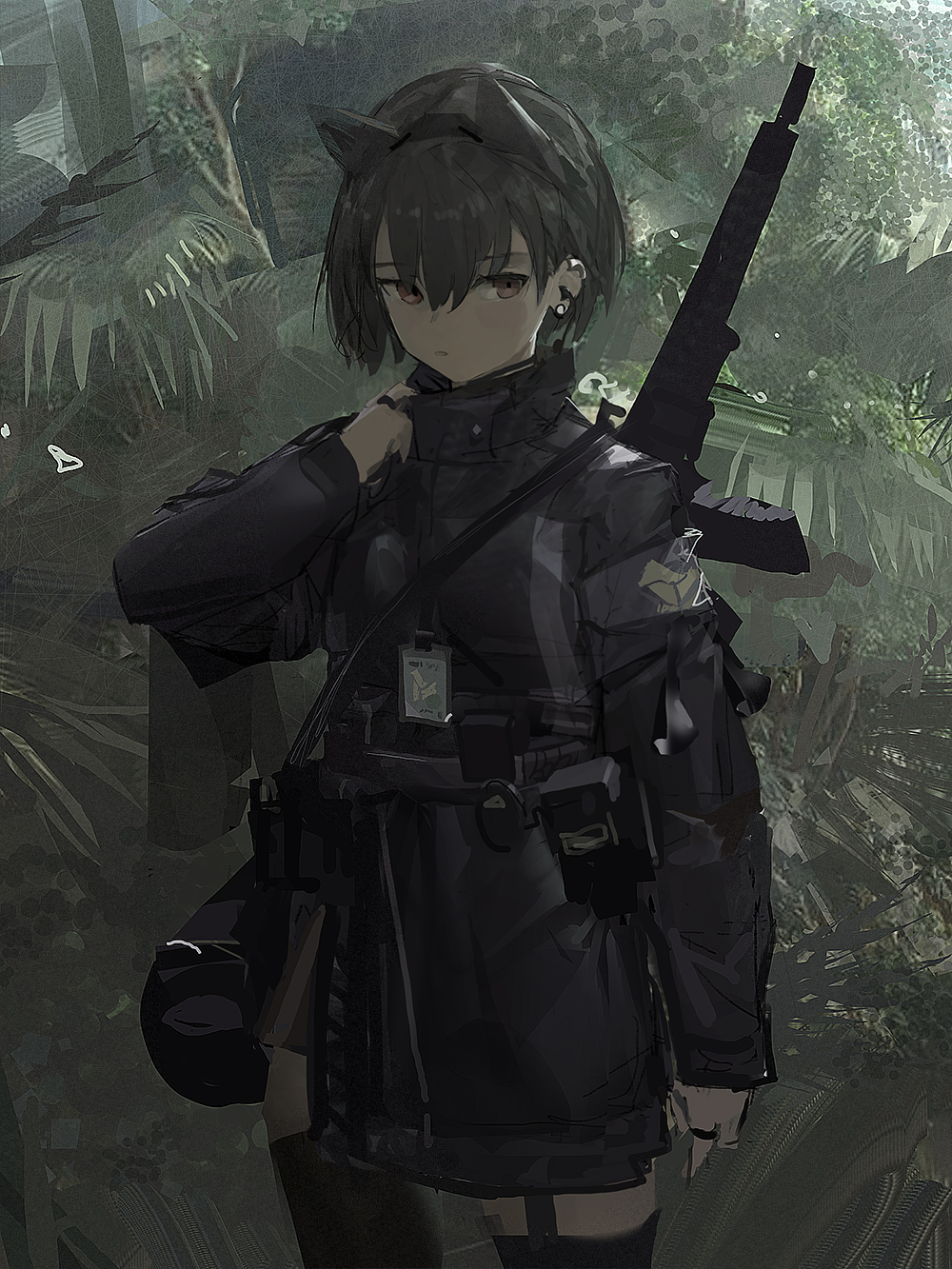 1girl adjusting_clothes animal_ears assault_rifle bag belt_pouch brown_eyes brown_hair earphones earphones earrings fake_animal_ears gun highres id_card jacket jewelry jungle looking_at_viewer nature original paindude pouch rifle ring short_hair shoulder_bag solo thigh-highs weapon weapon_on_back