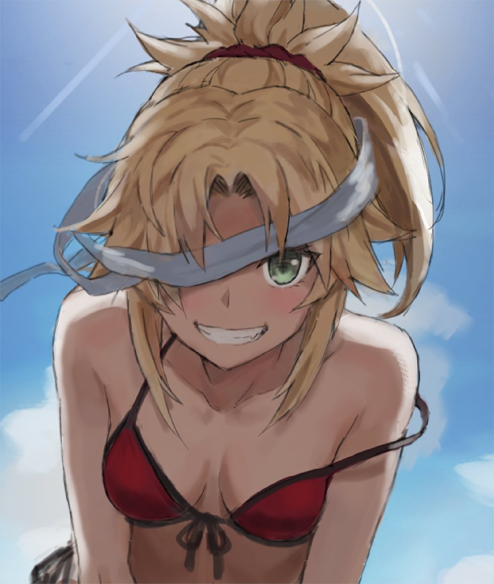 1girl bangs bare_shoulders bikini blonde_hair blue_sky blush braid breasts collarbone fate/grand_order fate_(series) french_braid green_eyes hair_ornament hair_scrunchie highres long_hair looking_at_viewer mordred_(fate) mordred_(swimsuit_rider)_(fate) parted_bangs ponytail red_bikini scrunchie sidelocks sky small_breasts smile solo swimsuit tonee