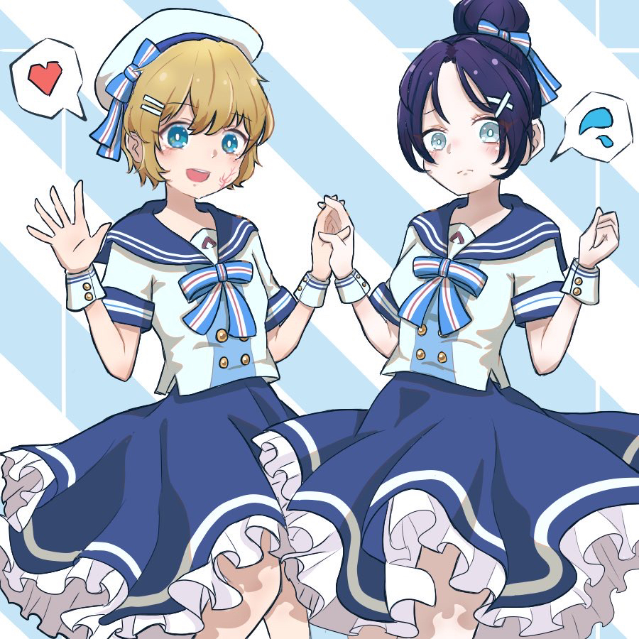 2girls alternate_costume animification apex_legends bangs black_hair blue_bow blue_eyes bow clenched_hand embarrassed eyebrows_visible_through_hair grey_eyes hair_behind_ear hair_bun heart holding_hands multiple_girls nepitasu open_hand sailor_collar scar scar_on_cheek scar_on_face short_hair spoken_heart spoken_sweatdrop sweatdrop wattson_(apex_legends) wraith_(apex_legends)