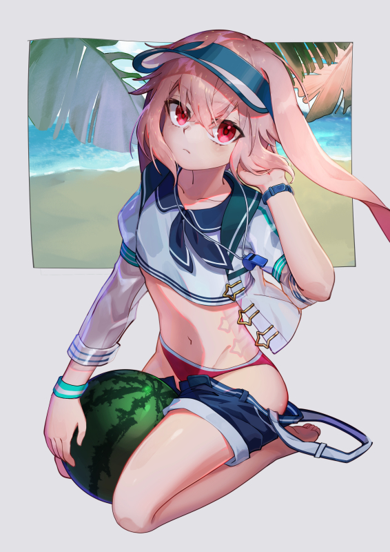 1boy a-uto animal_ears ansel_(arknights) ansel_(casual_vacation)_(arknights) arknights bangs bare_legs barefoot beach blue_headwear blue_neckwear blue_shorts closed_mouth clothes_pull collarbone commentary crop_top food fruit full_body grey_background groin looking_at_viewer male_focus midriff navel neckerchief ocean official_alternate_costume otoko_no_ko panties pink_hair rabbit_ears red_eyes red_panties see-through_sleeves seiza short_hair shorts shorts_pull sitting solo underwear visor_cap watch watch watermelon whistle whistle_around_neck white_shorts wristband