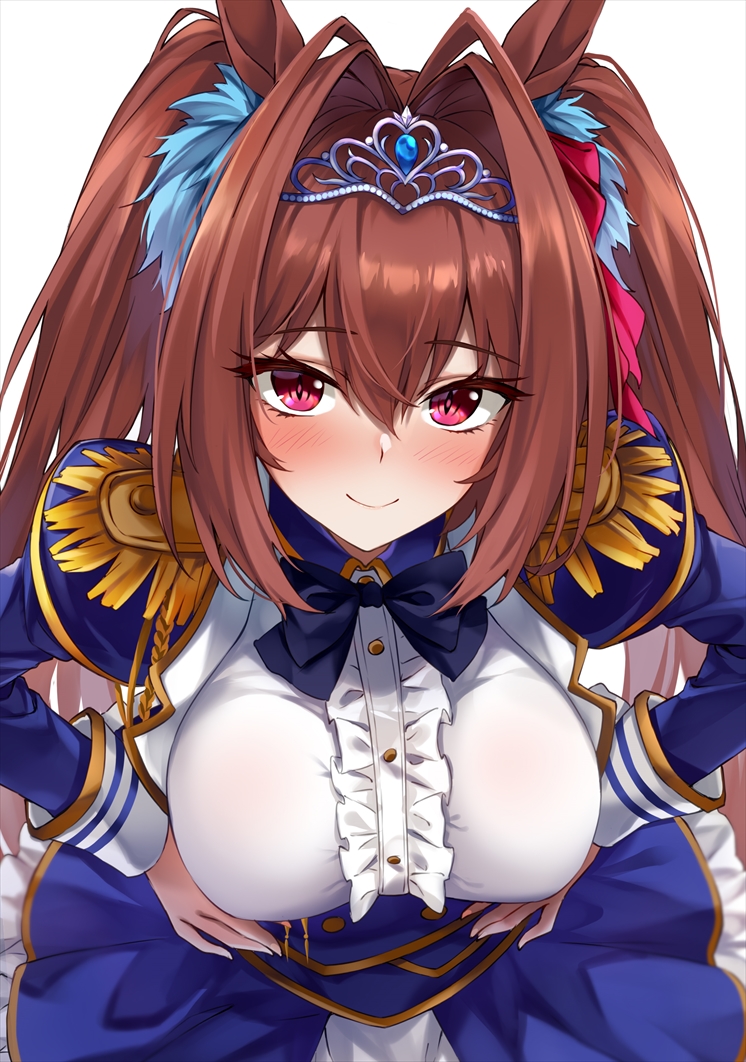 &gt;:) 1girl aiguillette animal_ears bangs blue_dress blush breasts brown_hair center_frills closed_mouth daiwa_scarlet_(umamusume) dress epaulettes eyebrows_visible_through_hair frills hair_between_eyes hair_intakes hands_on_hips horse_ears horse_girl juliet_sleeves large_breasts layered_skirt leaning_forward long_hair long_sleeves looking_at_viewer marisasu_(marisa0904) puffy_sleeves red_eyes skirt smile solo tiara twintails umamusume underbust v-shaped_eyebrows very_long_hair white_background white_skirt