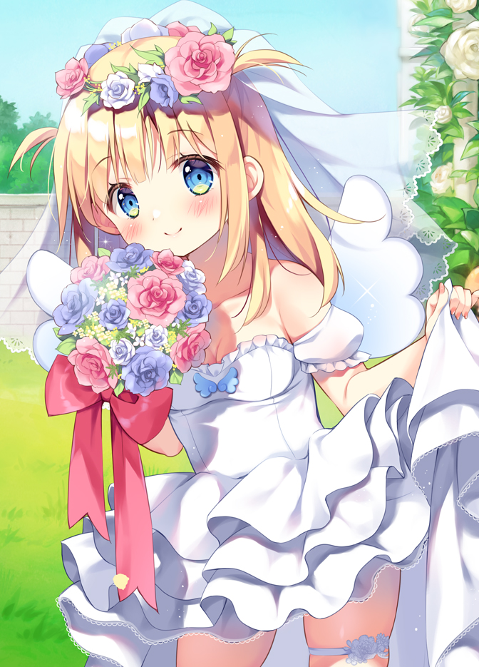 1girl bangs bare_shoulders blonde_hair blue_eyes blue_sky blush bouquet bow closed_mouth commentary_request day detached_sleeves dress eyebrows_visible_through_hair flower frilled_dress frills long_hair looking_at_viewer original outdoors pan_(mimi) pink_flower pink_rose puffy_short_sleeves puffy_sleeves purple_flower purple_rose red_bow rose see-through short_sleeves skindentation sky smile solo strapless strapless_dress thigh_strap two_side_up veil white_dress white_flower white_rose white_sleeves