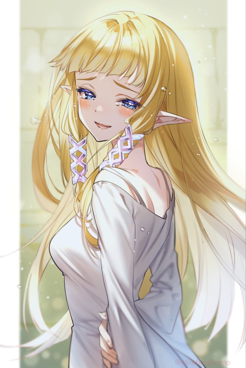 1girl arms_behind_back bangs blonde_hair blue_eyes blunt_bangs blurry blurry_background blush breasts commentary crying crying_with_eyes_open dress furrowed_brow half-closed_eyes happy_tears highres long_hair looking_at_viewer looking_back medium_breasts open_mouth pointy_ears princess_zelda shuri_(84k) sidelocks smile solo straight_hair tears the_legend_of_zelda the_legend_of_zelda:_skyward_sword upper_body white_dress