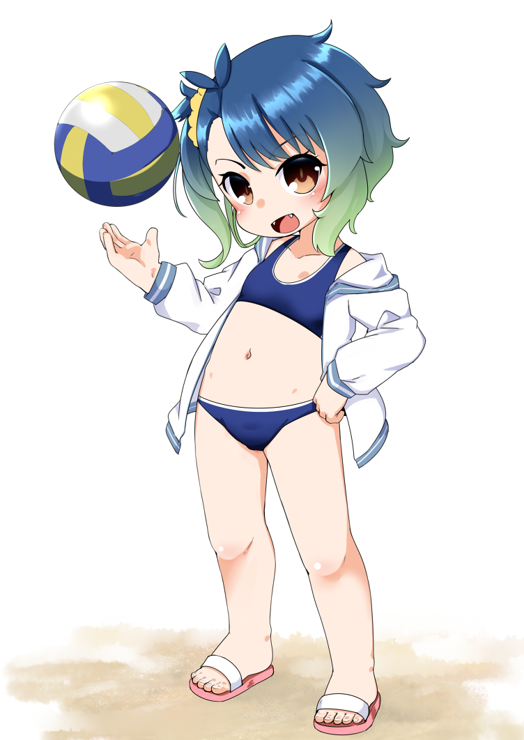 1girl beach_volleyball bikini bikini_under_clothes blue_bikini brown_eyes fangs fukae_(kancolle) full_body gradient_hair jacket kantai_collection looking_at_viewer midriff multicolored_hair nassukun navel open_clothes open_jacket sandals short_hair side_ponytail sidelocks simple_background solo sports_bikini swimsuit volleyball white_background white_jacket