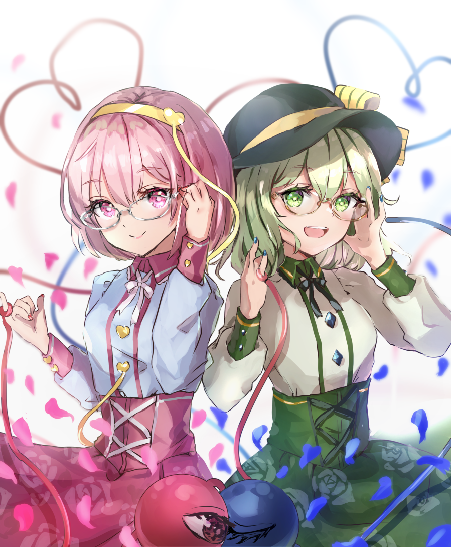 2girls adapted_costume bespectacled black_headwear closed_mouth eyebrows_visible_through_hair floral_print glasses green_eyes green_hair green_skirt hair_between_eyes hairband hat komeiji_koishi komeiji_satori long_sleeves multiple_girls open_mouth petals pink_eyes pink_hair pink_skirt rose_petals rose_print shironeko_yuuki short_hair siblings sisters skirt smile third_eye touhou white_background yellow_hairband