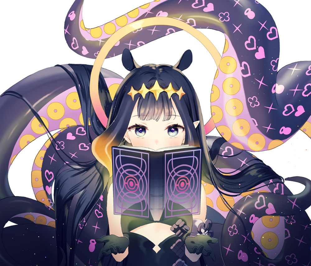 1girl animal_ears ao-chan_(ninomae_ina'nis) black_dress black_gloves black_hair blue_eyes blush book commentary covered_mouth cutout_above_navel detached_sleeves dress english_commentary eyebrows_visible_through_hair eyelashes flat_chest floating floating_book floating_object flower_knot gloves glowing gradient_hair halo headpiece hololive hololive_english long_hair looking_at_viewer multicolored_hair ninomae_ina'nis open_book orange_hair pointy_ears rumi_(rarumi11) simple_background single_sleeve solo straight_hair strapless strapless_dress tentacle_hair tentacles tube_dress two-tone_hair upper_body very_long_hair virtual_youtuber white_background