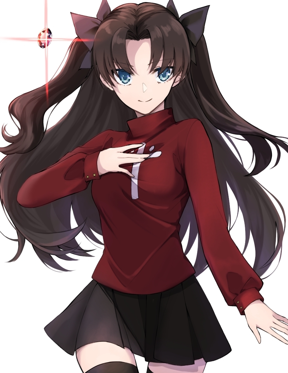 1girl black_hair black_legwear black_skirt blue_eyes breasts cross_print fate/stay_night fate_(series) long_hair long_sleeves maru_(pixiv51714255) miniskirt pleated_skirt print_sweater red_sweater skirt small_breasts solo sweater thigh-highs tohsaka_rin two_side_up zettai_ryouiki