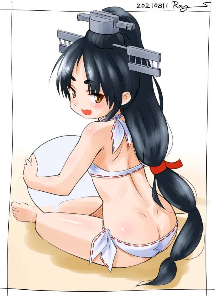 1girl ball barefoot bikini black_hair brown_eyes butt_crack dated from_behind headgear high_ponytail kantai_collection long_hair looking_at_viewer multi-tied_hair nisshin_(kancolle) ray.s short_eyebrows simple_background sitting solo swimsuit thick_eyebrows twitter_username very_long_hair white_background white_bikini