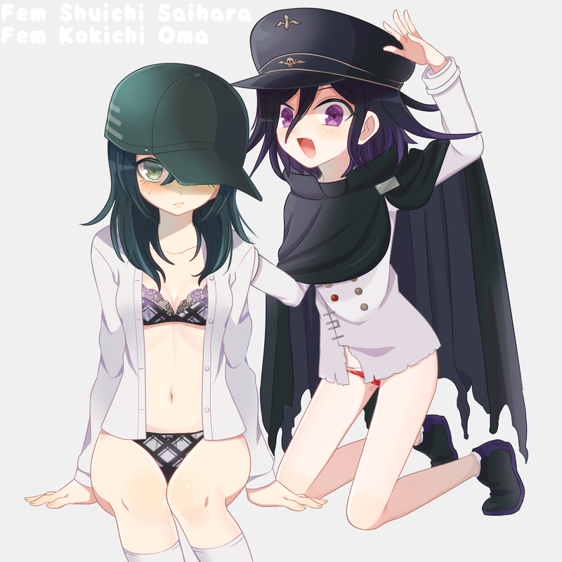 2girls :d arm_up bangs black_bra black_cape black_footwear black_hair black_headwear black_panties blush bra brown_eyes buttons cape character_name collarbone commentary_request dangan_ronpa_(series) dangan_ronpa_v3:_killing_harmony double-breasted dress_shirt fang foreshortening frown genderswap genderswap_(mtf) grey_background grey_jacket grey_shirt hat invisible_chair jacket keroro7 kneehighs kneeling lace-trimmed_bra lace_trim long_hair long_sleeves looking_at_viewer medium_hair multiple_girls navel no_pants open_clothes open_mouth open_shirt ouma_kokichi panties purple_footwear purple_hair red_panties saihara_shuuichi shirt simple_background sitting smile stomach sweatdrop underwear violet_eyes white_legwear