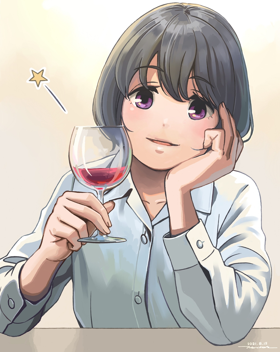 1girl alcohol blue_hair blush bob_cut collared_shirt commentary_request cup drinking_glass eyebrows_visible_through_hair hand_on_own_cheek hand_on_own_face head_rest head_tilt holding holding_cup horikou lips open_mouth red_wine shima_saki shirt sitting star_(symbol) violet_eyes white_shirt wine wine_glass yurucamp