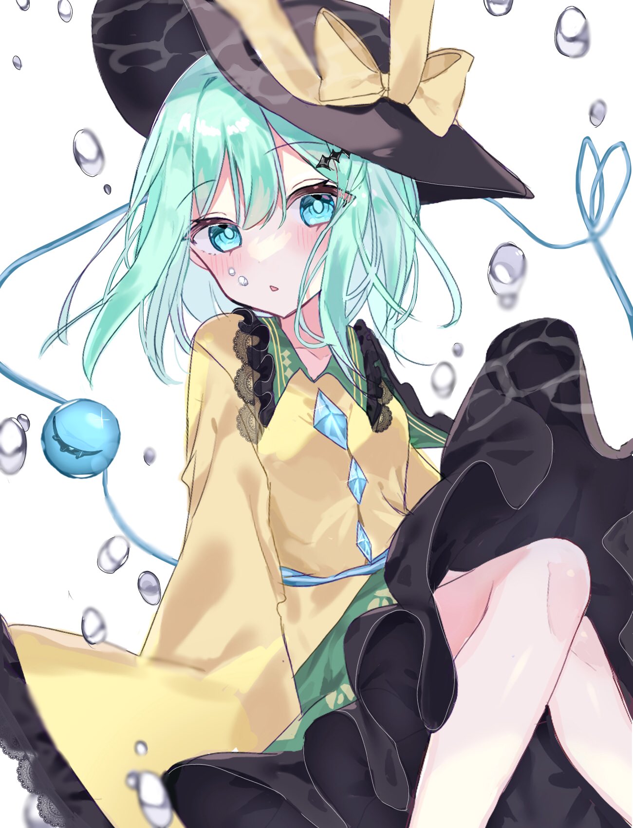 1girl aqua_eyes aqua_hair bangs black_headwear blurry blurry_background bow breasts bright_pupils depth_of_field eyebrows_visible_through_hair floral_print frilled_shirt_collar frills green_skirt hat hat_bow highres komeiji_koishi lace_trim long_hair long_sleeves looking_at_viewer medium_breasts shirt simple_background skirt sleeves_past_fingers sleeves_past_wrists solo third_eye touhou white_background wide_sleeves yellow_bow yellow_shirt yumeno_ruruka