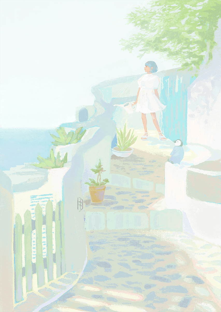 1girl bird dress grey_hair highres leaf original outdoors penguin plant potted_plant profile sandals short_hair short_sleeves solo standing tabisumika watering_can white_dress white_footwear wide_shot
