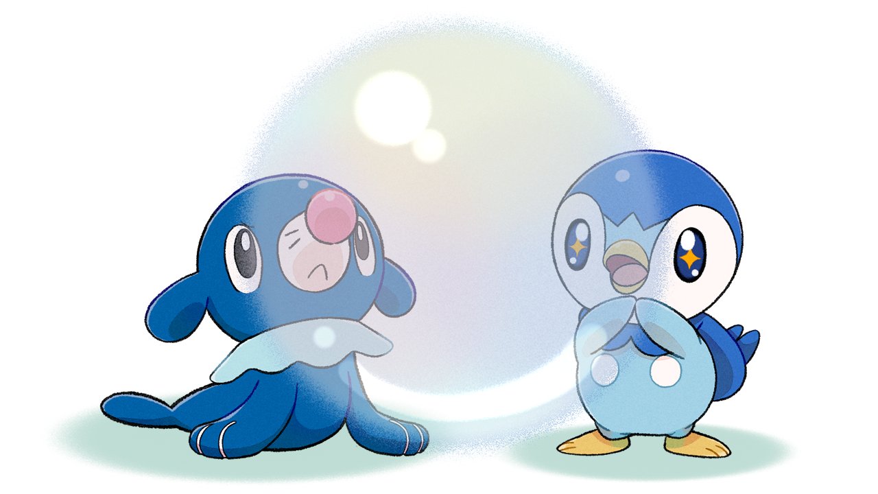 +_+ :&lt; black_eyes bubble closed_mouth commentary_request gen_4_pokemon gen_7_pokemon hands_together looking_up no_humans official_art open_mouth piplup pokemon pokemon_(creature) popplio prj_pochama smile standing toes tongue white_background