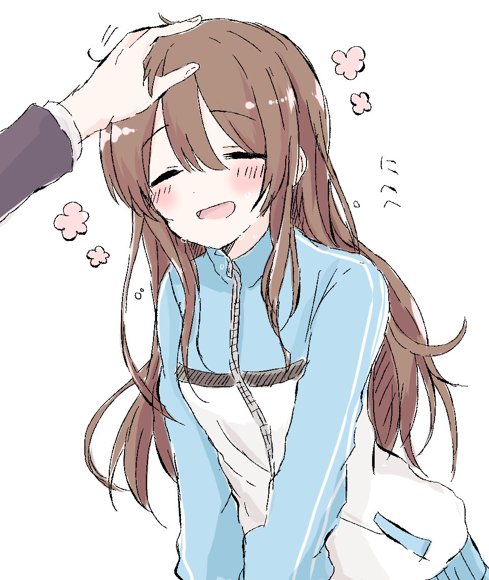 1boy 1girl =_= ba_ra_ran blush blush_stickers formal hands hands_together headpat idolmaster idolmaster_shiny_colors long_hair oosaki_tenka pov pov_hands producer_(idolmaster) simple_background sketch smile solo_focus suit sweatdrop sweatshirt upper_body zipper