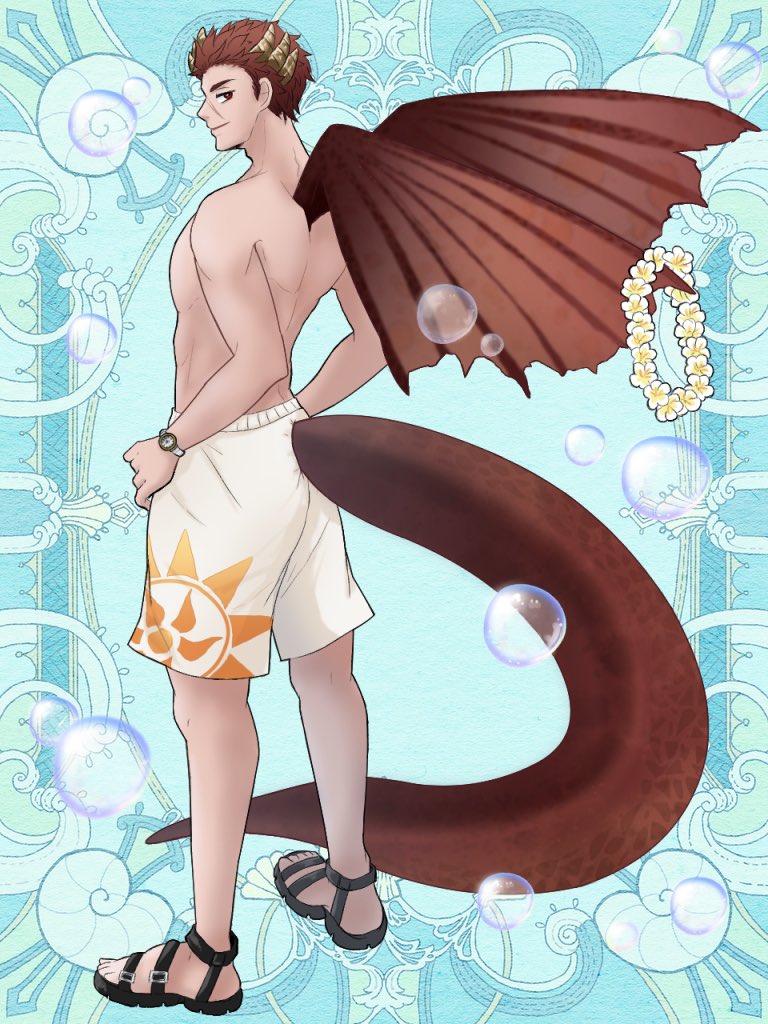 1boy blue_background brown_eyes brown_wings bubble horns junmistral kerberos_blade lei looking_back male_focus male_swimwear sandals scar scar_on_face shirtless short_hair simple_background solo standing swim_trunks swimsuit tachi-e tail watch watch wings