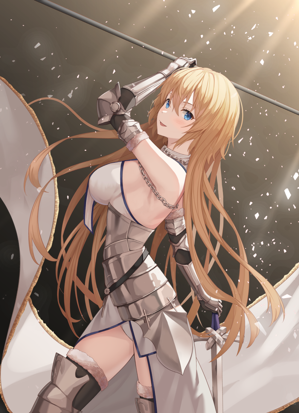 1girl armor armored_dress bangs belt blonde_hair blue_eyes breasts chain dress fate/apocrypha fate_(series) faulds flag from_side fur-trimmed_legwear fur_trim gauntlets greaves hair_between_eyes hand_on_hilt highres holding holding_flag holding_sword holding_weapon jeanne_d'arc_(fate) jeanne_d'arc_(fate)_(all) large_breasts light_rays long_hair no_headwear open_mouth plackart planted planted_sword shuvi_(shuvi1125) smile solo standard_bearer straight_hair sword thigh-highs very_long_hair weapon white_dress zettai_ryouiki