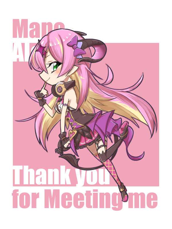 1girl asymmetrical_horns asymmetrical_legwear bangs bare_shoulders blonde_hair bow breasts character_name commentary full_body garter_straps green_eyes hair_ornament headphones headphones_around_neck hololive horn_bow horn_ornament horns long_hair looking_at_viewer mano_aloe multicolored_hair pink_hair solo tail tecchiri thank_you thigh_strap two-tone_hair uneven_legwear virtual_youtuber