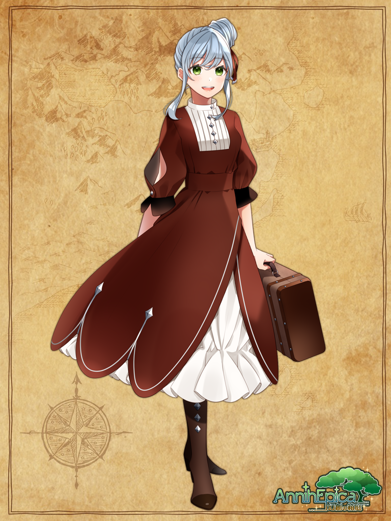 1girl :d annih_epica boots brown_background brown_dress brown_footwear copyright_name dress full_body green_eyes grey_hair hair_bun haritoyomimasu luggage open_mouth sidelocks smile solo standing