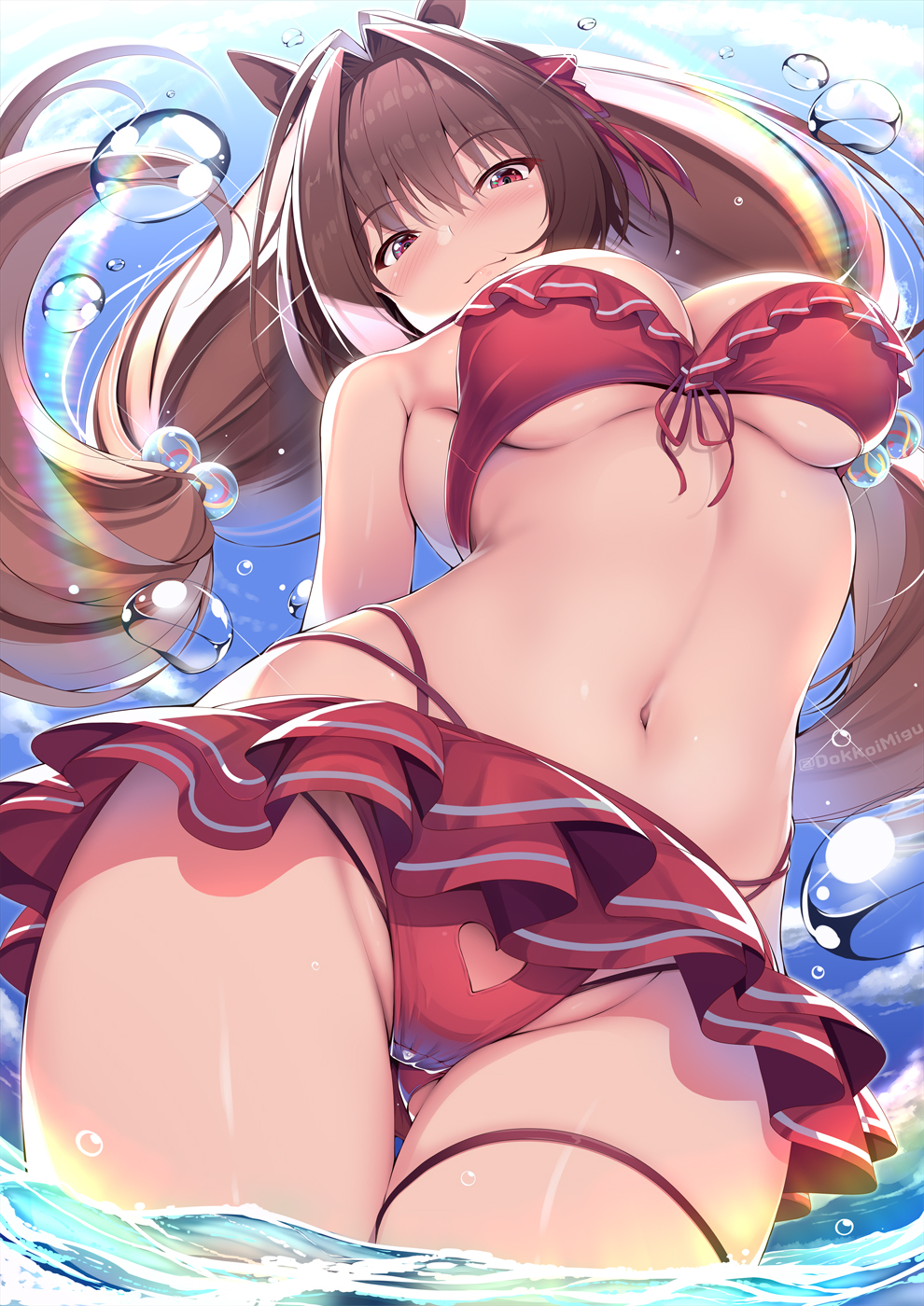 1girl ass_visible_through_thighs bangs bare_shoulders bikini bikini_skirt blue_sky blush breasts brown_hair closed_mouth clouds commentary_request daiwa_scarlet_(umamusume) day eyebrows_visible_through_hair from_below front-tie_bikini front-tie_top groin hair_intakes hair_ribbon highres large_breasts long_hair looking_at_viewer migumigu navel outdoors red_bikini red_eyes ribbon sky smile solo standing stomach sunlight swimsuit thighs umamusume under_boob wading water water_drop