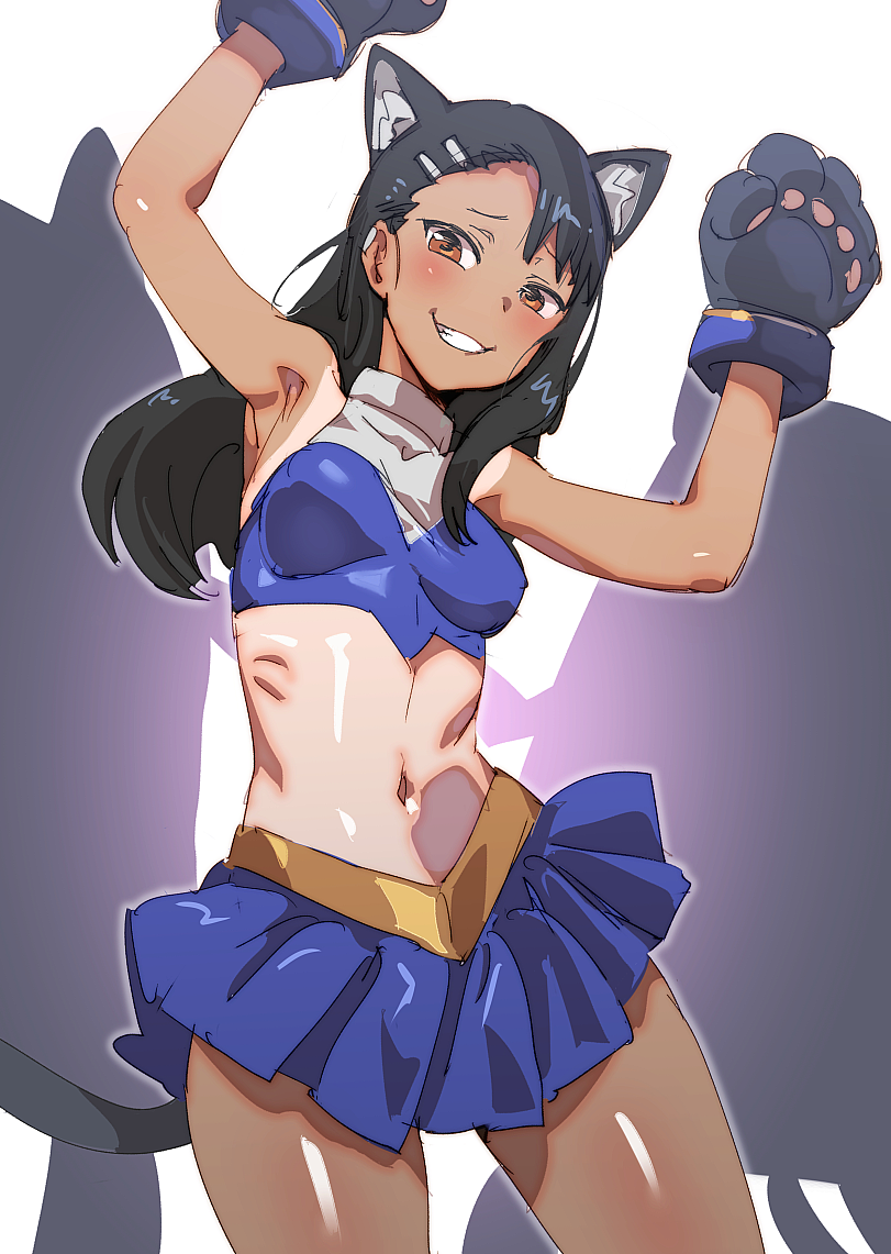 1girl animal_ears animal_hands armpits arms_up black_hair blue_skirt bow_(bhp) breasts brown_eyes cat_ears cat_paws fake_animal_ears hair_ornament hairclip hands_up ijiranaide_nagatoro-san long_hair looking_at_viewer medium_breasts midriff nagatoro_hayase navel one-piece_tan skirt smile solo tan tanlines