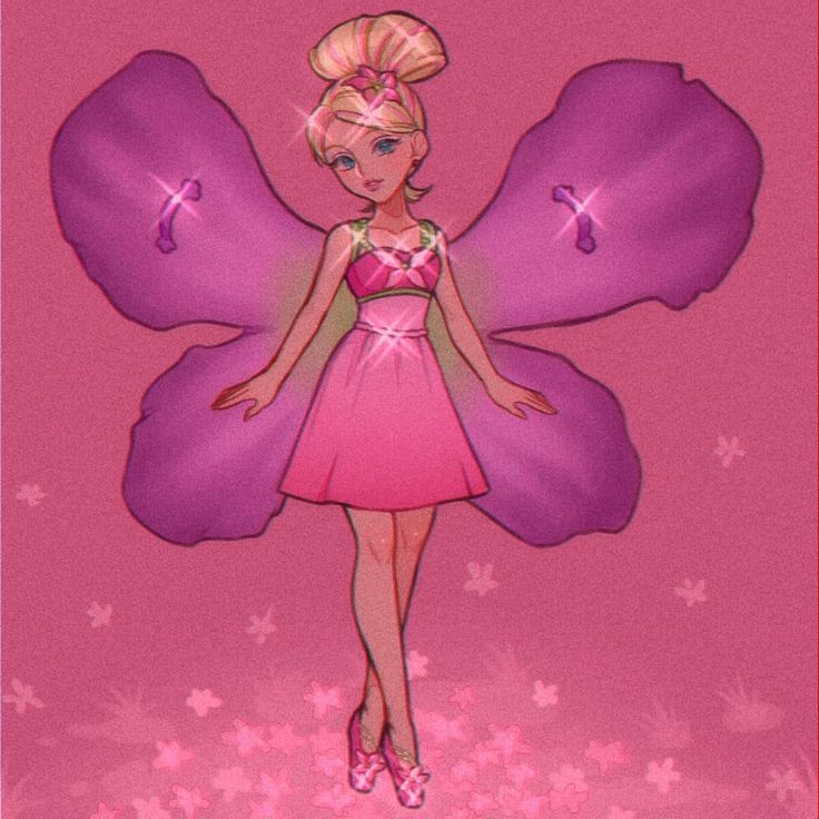 1girl ballet_slippers barbie_(franchise) barbie_movies barbie_thumbelina blonde_hair blue_eyes dress fake_wings flower hair_flower hair_ornament luverihu minigirl multicolored_hair petals petite pink_background pink_dress pink_hair retro_artstyle solo sparkle streaked_hair thumbelina_(barbie) updo wings