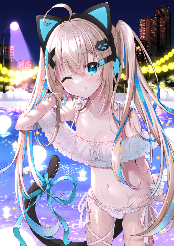 1girl ;q ahoge animal_ears bare_shoulders bikini blonde_hair blue_eyes blue_hair blush building cat_ear_headphones cat_ears cat_hair_ornament cat_tail collarbone commentary_request fake_animal_ears frilled_bikini frills hair_ornament hand_up headphones highleg highleg_bikini indie_virtual_youtuber lake layered_skirt long_hair looking_at_viewer multicolored_hair navel night off-shoulder_bikini off_shoulder one_eye_closed outdoors signature skirt skyscraper smile solo streaked_hair swimsuit tail tongue tongue_out twintails uchuuneko uchuuneko_(vtuber) very_long_hair virtual_youtuber water white_bikini x_hair_ornament