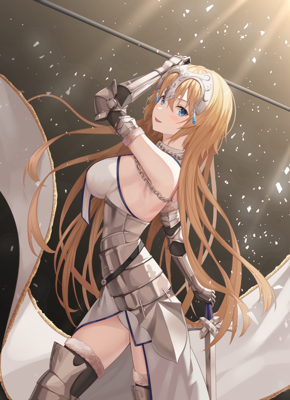 1girl armor armored_dress bangs belt blonde_hair blue_eyes breasts chain dress fate/apocrypha fate_(series) faulds flag from_side fur-trimmed_legwear fur_trim gauntlets greaves hair_between_eyes hand_on_hilt headpiece highres holding holding_flag holding_sword holding_weapon jeanne_d'arc_(fate) jeanne_d'arc_(fate)_(all) large_breasts light_rays long_hair open_mouth plackart planted planted_sword shuvi_(shuvi1125) smile solo standard_bearer straight_hair sword thigh-highs very_long_hair weapon white_dress zettai_ryouiki