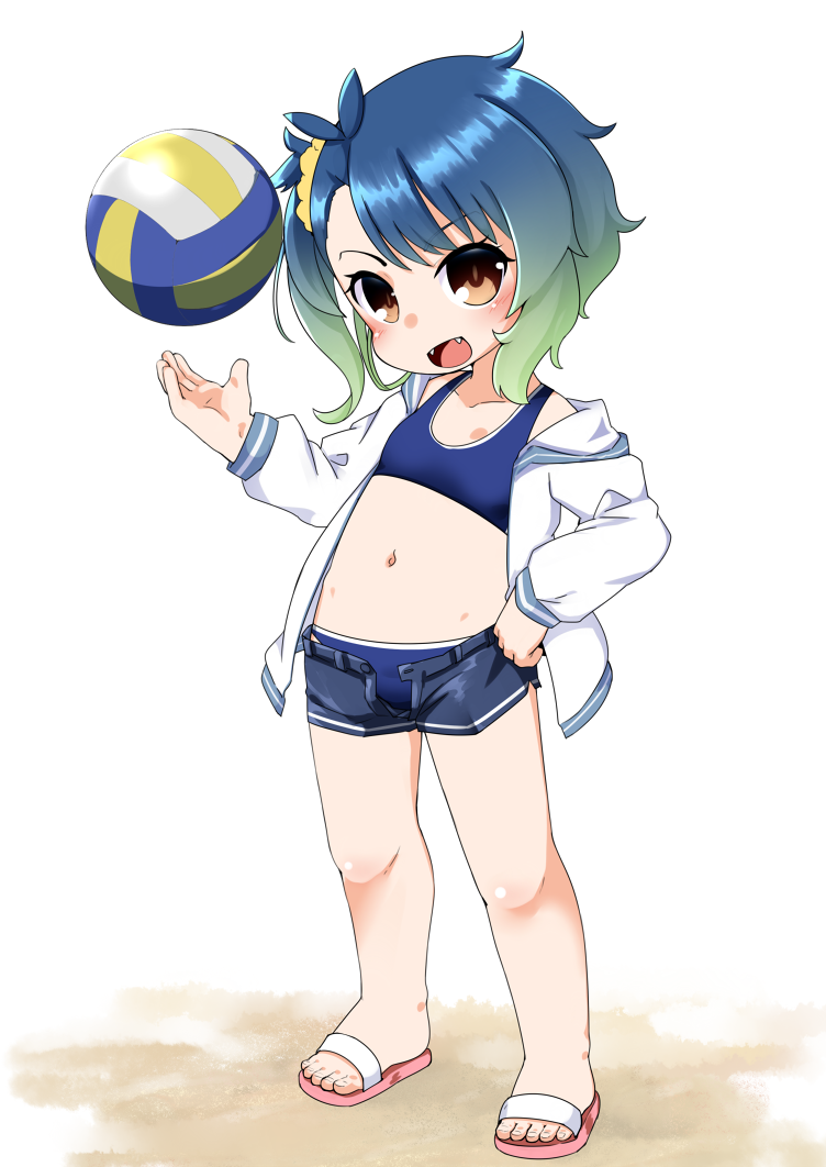 1girl beach_volleyball bikini bikini_under_clothes black_shorts blue_bikini brown_eyes commentary_request denim denim_shorts fangs fukae_(kancolle) full_body gradient_hair jacket kantai_collection looking_at_viewer midriff multicolored_hair nassukun navel open_clothes open_fly open_jacket sandals sandsals short_hair shorts side_ponytail sidelocks simple_background solo sports_bikini swimsuit swimsuit_under_clothes volleyball white_background white_jacket