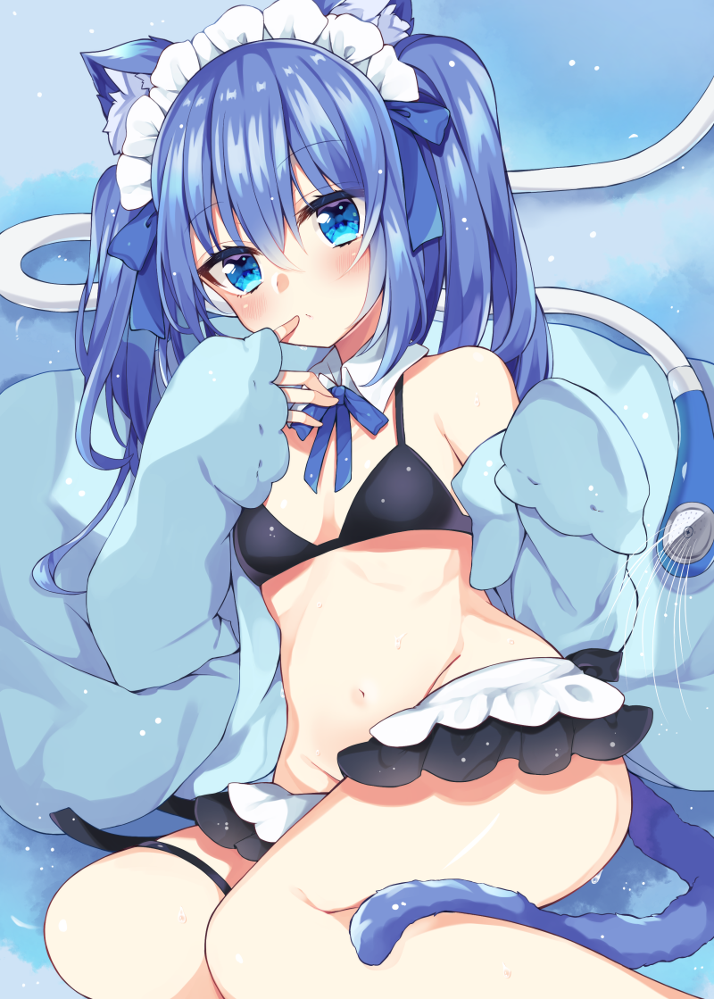 1girl animal_ears bangs bare_shoulders bikini black_bikini blue_bow blue_eyes blue_hair blue_jacket blush bow cat_ears cat_girl cat_tail closed_mouth collar commentary detached_collar eyebrows_visible_through_hair hair_between_eyes hair_bow hands_up jacket long_hair long_sleeves looking_at_viewer maid_bikini maid_headdress maki_soutoki open_clothes open_jacket original shower_head sleeves_past_fingers sleeves_past_wrists solo swimsuit symbol-only_commentary tail twintails water white_collar wing_collar