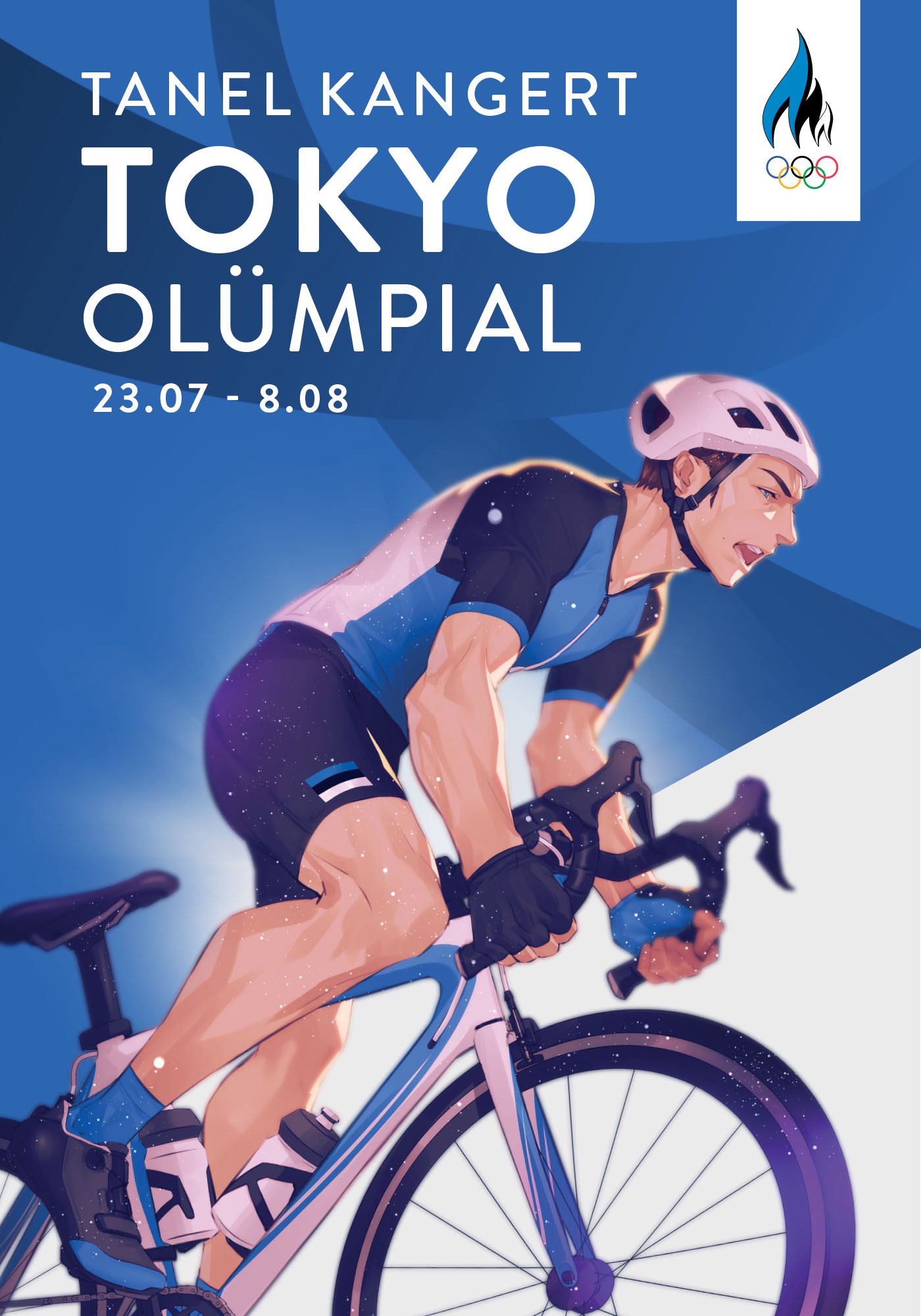 1boy 2020_summer_olympics bicycle bicycle_helmet bike_jersey bike_shorts black_shorts blue_eyes blue_legwear brown_hair estonian_flag estonian_text fingerless_gloves gloves ground_vehicle helmet highres male_focus monq olympics open_mouth riding_bicycle shoes shorts sneakers socks solo tanel_kangert toned