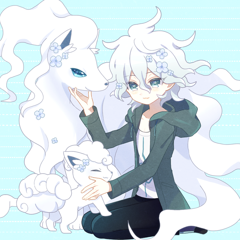 1boy alolan_form alolan_ninetales alolan_vulpix bangs black_pants blush closed_mouth collarbone commentary_request dangan_ronpa_(series) dangan_ronpa_2:_goodbye_despair flower from_side gen_7_pokemon green_jacket grey_eyes hair_between_eyes hair_flower hair_ornament hood hood_down hooded_jacket jacket keroro7 komaeda_nagito looking_at_another looking_at_viewer open_clothes open_jacket pants pokemon pokemon_(creature) print_shirt seiza shirt sitting smile solo striped striped_background white_flower white_shirt