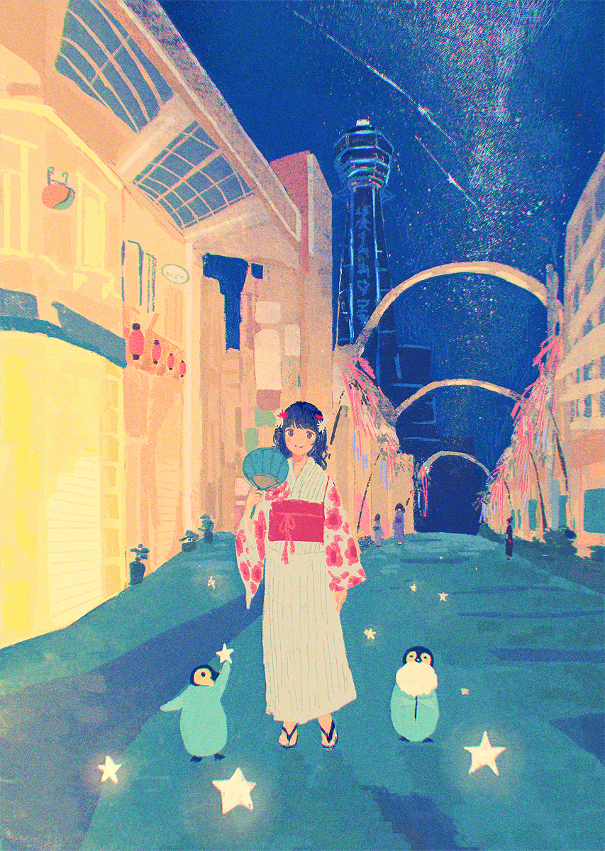 1girl bangs black_hair blush hand_up highres japanese_clothes kimono looking_at_viewer original sandals shadow sky smile solo star_(sky) star_(symbol) starry_sky tabisumika tanabata tower white_kimono wide_shot yukata