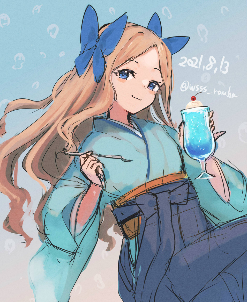 1girl :3 asakaze_(kancolle) bangs blue_bow blue_eyes blue_hakama blue_kimono bow dated drink forehead glass hair_bow hakama japanese_clothes kantai_collection kimono light_brown_hair long_hair looking_at_viewer meiji_schoolgirl_uniform one-hour_drawing_challenge parted_bangs sidelocks smile solo spoon twitter_username wavy_hair wss_(nicoseiga19993411)