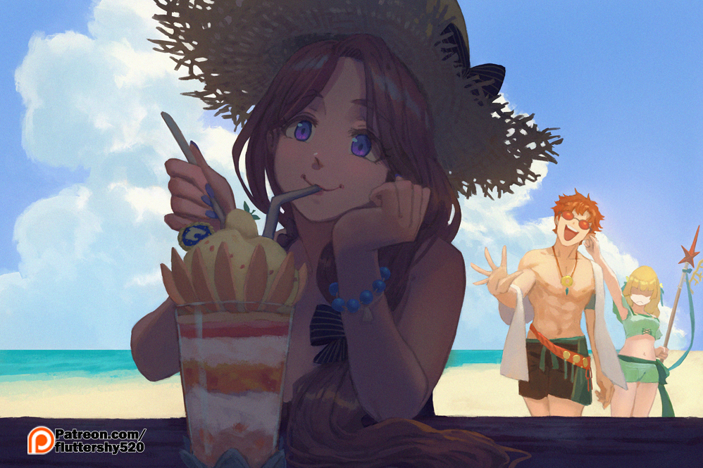 1boy 2girls :d arm_up bare_arms bare_shoulders beach bead_bracelet beads belt bikini black_bow black_shorts blonde_hair blue_nails blue_sky bow bracelet brown_hair clouds commentary cowboy_shot cup day drinking drinking_glass drinking_straw ear_pull fire_emblem fire_emblem:_three_houses green_bikini green_little green_shorts hair_bow hands_up hat holding holding_polearm holding_spear holding_weapon ingrid_brandl_galatea jewelry long_hair mercedes_von_martritz multiple_girls nail_polish open_mouth orange_hair outdoors parfait polearm shirtless short_hair shorts sky smile spear standing sun_hat sunglasses swimsuit sylvain_jose_gautier upper_body violet_eyes weapon