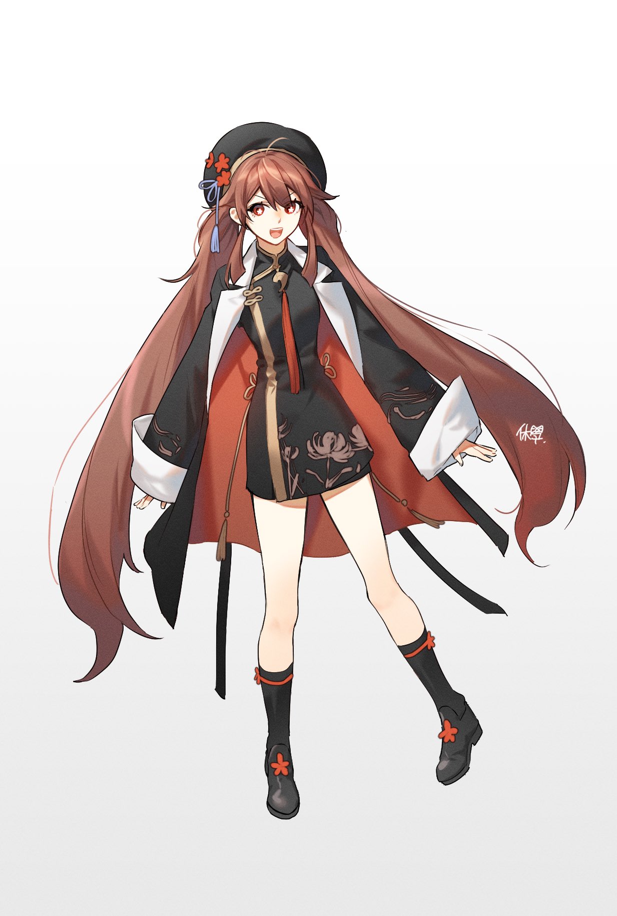 1girl alternate_costume bangs beret black_legwear breasts brown_hair coat dress eyebrows_visible_through_hair flower flower-shaped_pupils full_body genshin_impact hair_between_eyes hat hat_flower highres hu_tao_(genshin_impact) long_hair long_sleeves looking_at_viewer open_mouth red_eyes red_flower shoes short_dress sidelocks signature simple_background solo star-shaped_pupils star_(symbol) symbol-shaped_pupils twintails upper_teeth v-shaped_eyebrows very_long_hair xiuxuewu