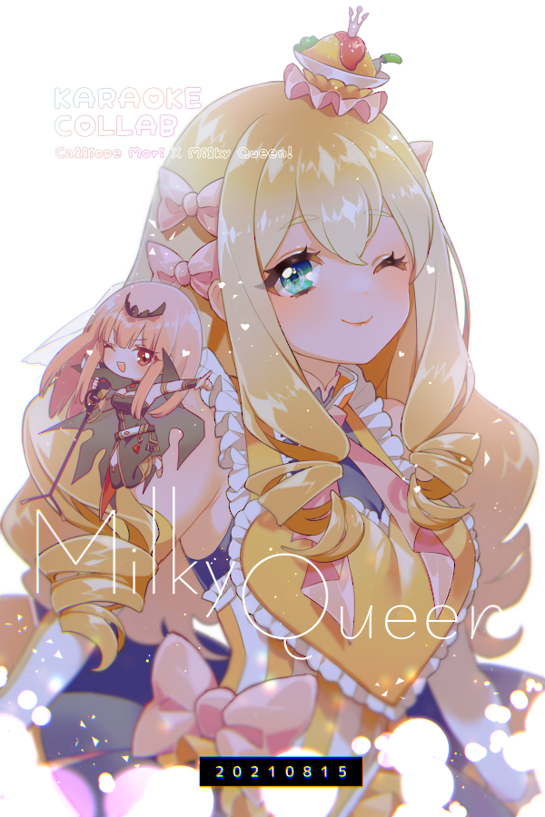 2girls armpits blonde_hair bow chibi crown curly_hair dated green_eyes hair_bow hair_ornament hololive hololive_english indie_virtual_youtuber long_hair mamaloni microphone_stand milky_queen mori_calliope multiple_girls one_eye_closed pink_eyes pink_hair veil