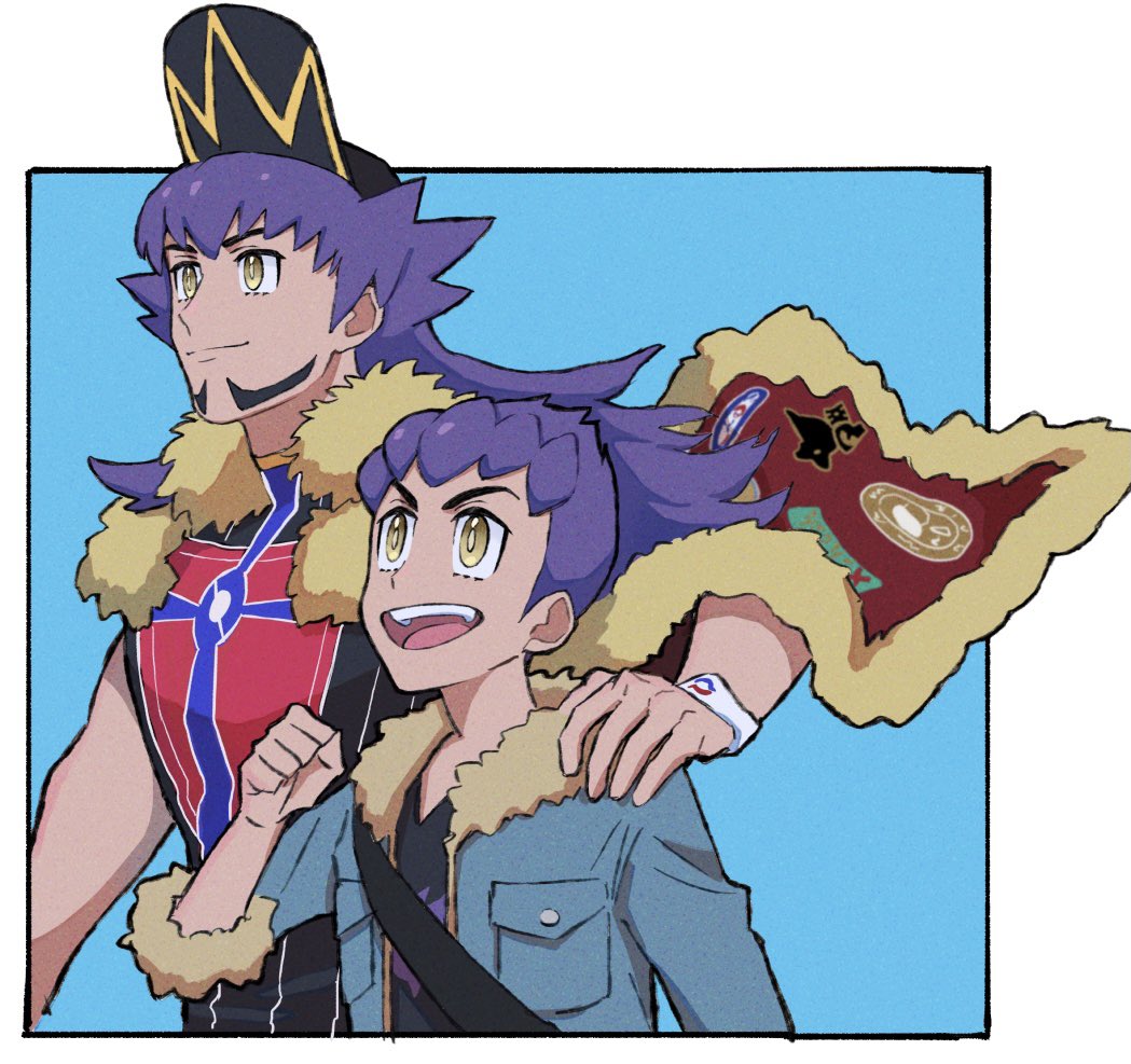 2boys :d baseball_cap black_shirt blue_jacket bright_pupils brothers cape champion_uniform closed_mouth commentary_request dark-skinned_male dark_skin facial_hair fur-trimmed_cape fur-trimmed_jacket fur_trim goma_(kddd_zenzai) hand_on_another's_shoulder hat hop_(pokemon) jacket leon_(pokemon) long_hair male_focus multiple_boys open_clothes open_jacket open_mouth pokemon pokemon_(game) pokemon_swsh purple_hair red_cape shield_print shirt short_hair siblings sleeves_past_elbows smile sword_print tongue upper_body upper_teeth white_pupils yellow_eyes