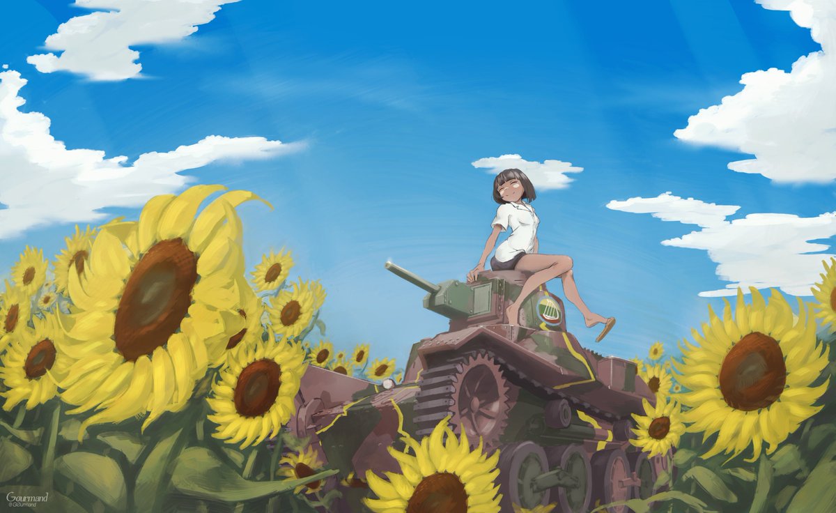 1girl ^_^ artist_name aung_(girls_und_panzer) blue_sky breasts brown_hair closed_eyes clouds facepaint field flower flower_field g0urmand girls_und_panzer girls_und_panzer_ribbon_no_musha ground_vehicle military military_vehicle motor_vehicle shirt shoe_dangle short_hair sky small_breasts smile solo sunflower tan tank twitter_username vehicle_request white_shirt